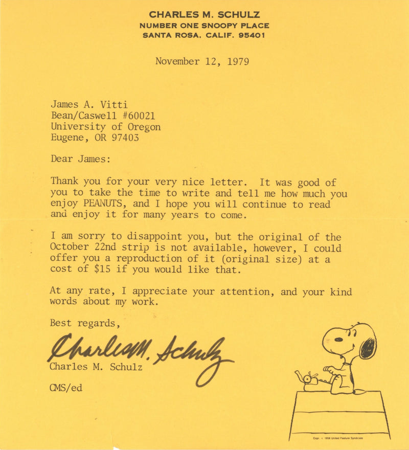 Vintage Signed Charles M. Schulz Letter and Envelope