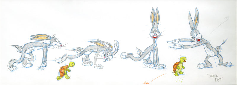 Original Virgil Ross Drawing: Bugs Bunny Races A Turtle (Framed)