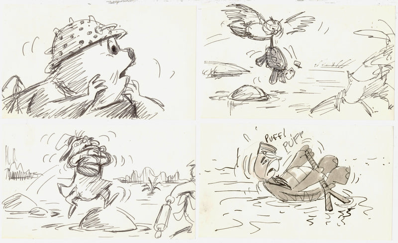 The Rescuers Storyboard Drawings (Set of 4): Deacon Owl, Gramps, Deadeye, Ellie Mae, Luke