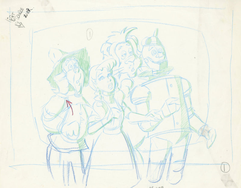 The Wizard of Oz Original Production Drawing: Scarecrow, Dorothy, Cowardly Lion, and Tin Man