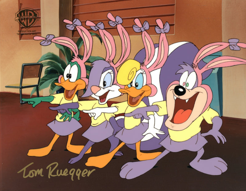 Tiny Toons Original Production Cel with Matching Drawing Signed by Tom Ruegger: Plucky, Fifi, Shirley, Dizzy