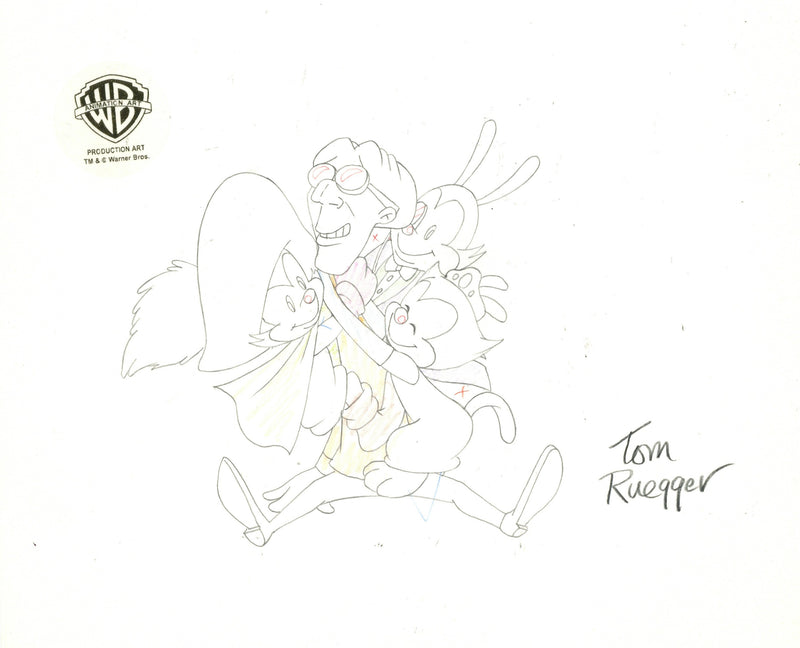 Animaniacs Original Production Drawing Signed by Tom Ruegger: Yakko, Wakko, Dot, Dr. Scratchansniff