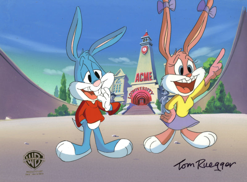 Tiny Toons Original Production Cel on Original Background Signed by Tom Ruegger: Buster, Babs