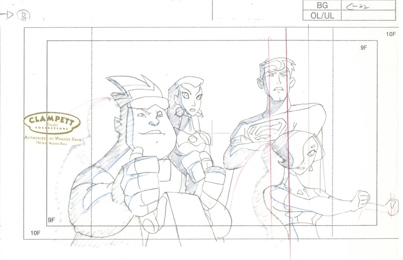 Legion of Superheroes Original Production Drawing: Bouncing Boy, Saturn Girl, Superman, Triplicate Girl