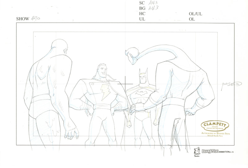 Justice League Unlimited Original Production Drawing: Metamorpho, Shazam, Batman, Elongated Man