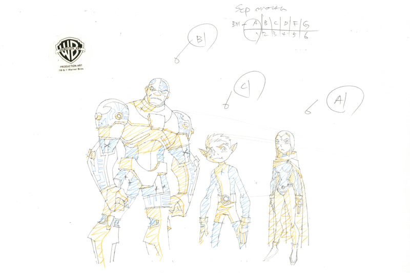 Teen Titans Original Production Drawing: Cyborg, Beast Boy, Raven