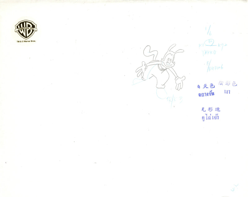 Animaniacs Original Production Cel with Matching Drawings Signed by Tom Ruegger: Yakko, Wakko, Dot