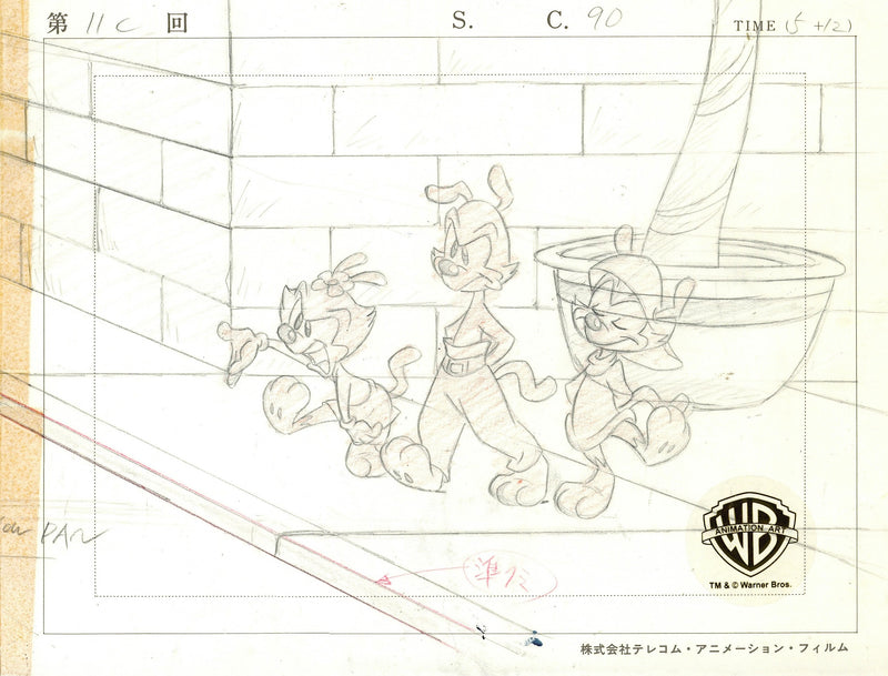 Animaniacs Original Production Drawing (Panoramic Layout): Yakko, Wakko, Dot