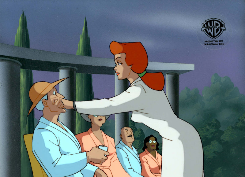 Batman The Animated Series Original Production Cel on Original Background: Pamela Isley, Alfred, Maggie
