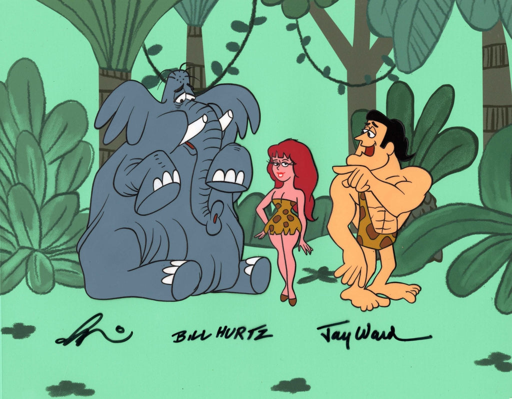 George of the Jungle Scene Cel signed by Jay Ward, Bill Hurtz, and Gerard Baldwin: George, Ursula, and Shep - Choice Fine Art