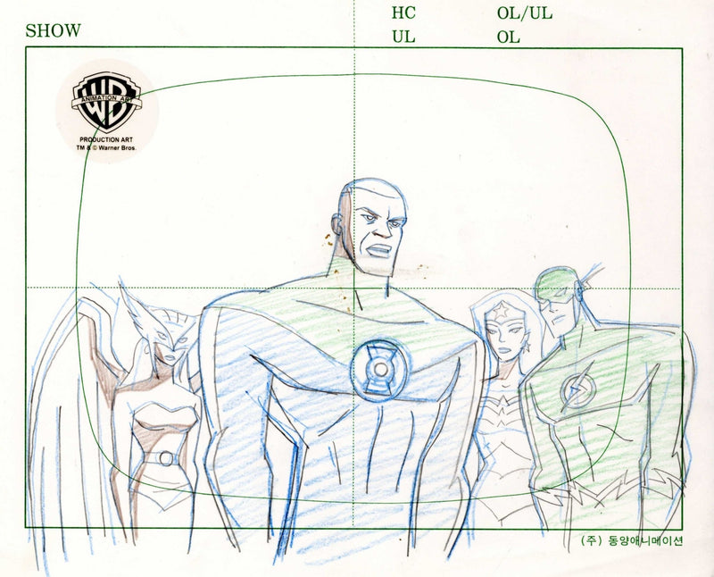 Justice League Original Production Drawing: Green Lantern, Flash, Hawkgirl, and Wonder Woman - Choice Fine Art