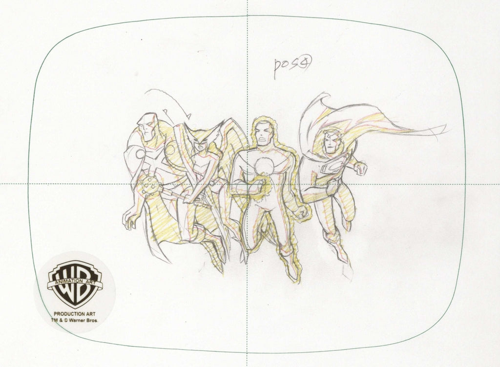 Justice League Original Production Drawing: Martian Manhunter, Hawkgirl,Green Lantern and Superman - Choice Fine Art