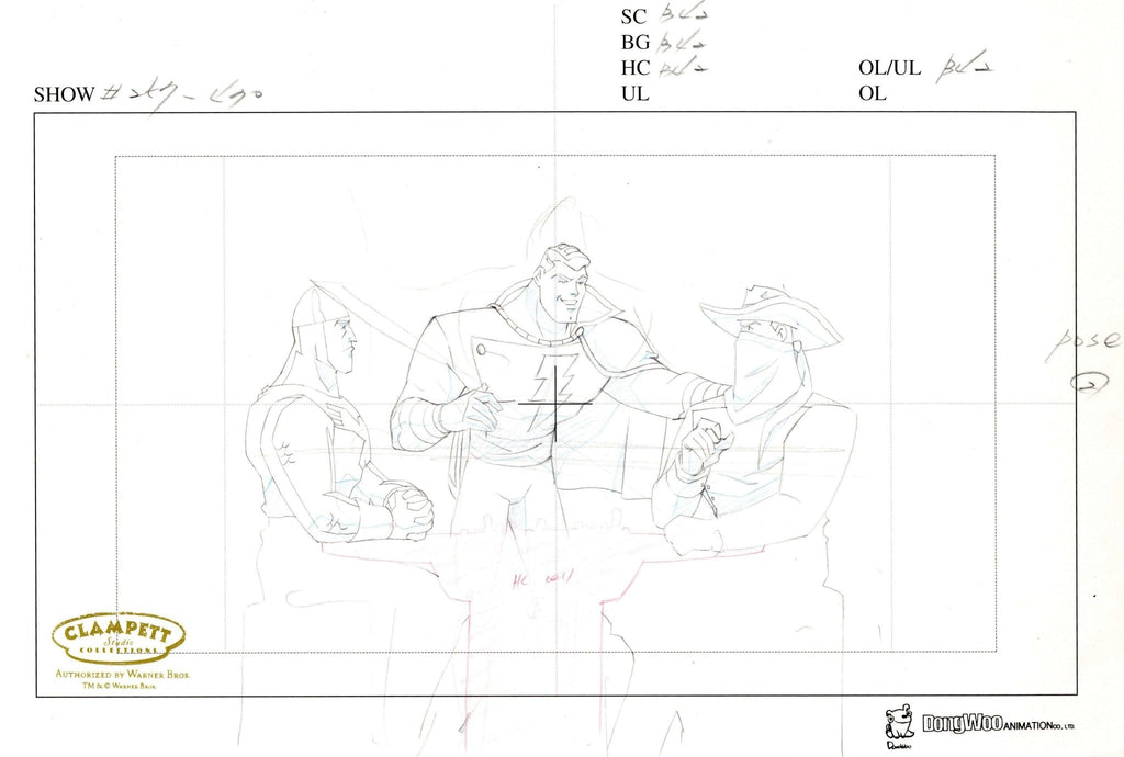 Justice League Original Production Drawing: Shining Knight, Vigilante, and Captain Marvel - Choice Fine Art