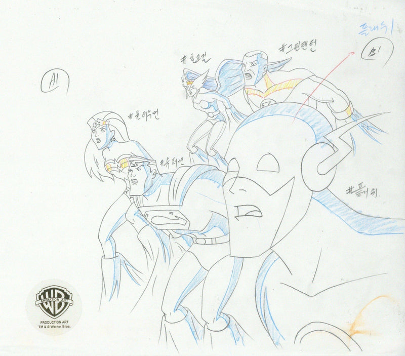 Justice League Original Production Drawing: The Flash, Superman,Wonder Woman, Green Lantern, and Hawkgirl - Choice Fine Art