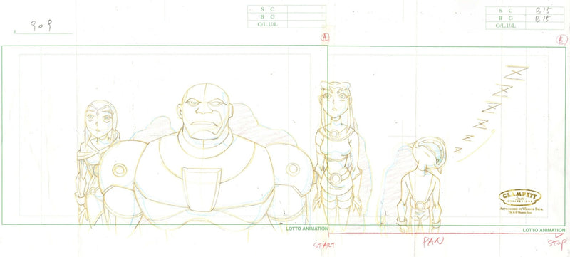Teen Titans Original Production Drawing: Raven, Starfire, Beast Boy and Cyborg - Choice Fine Art